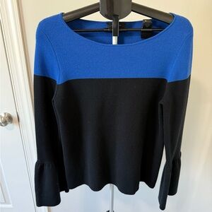 Ann Taylor Blue and Black Color Block Boatneck Sweater with Bell Sleeves